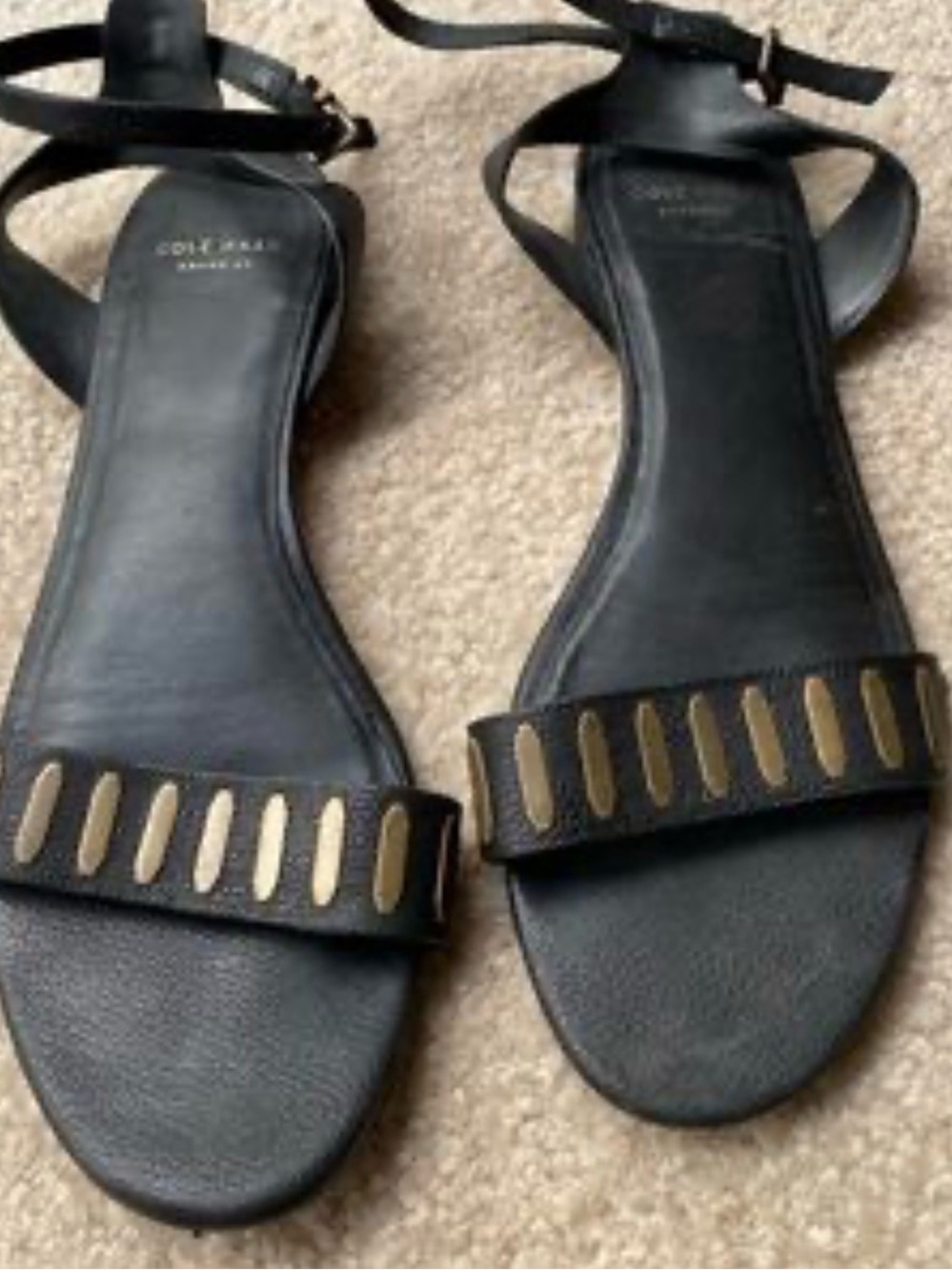 Cole Haan Black Leather Ankle-Strap Sandals with Gold Accents